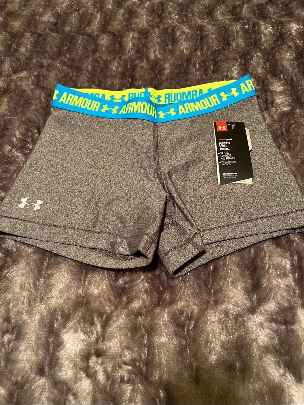 Women’s Under Armour Gray Athletic Shorts with Blue and Green Waistband, M